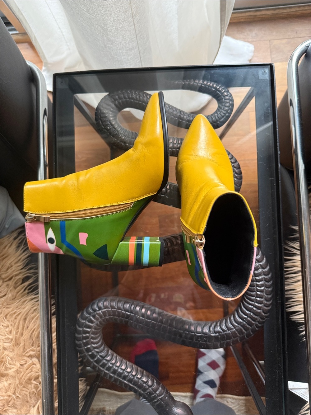 Yellow Leather Ankle Booties with Artistic Block Heel